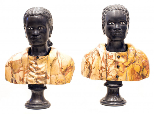 Pair of Italian carved marble blackamoors, man and woman on pedestals. Estimate: $10,000-$20,000. A.B. Levy’s image.